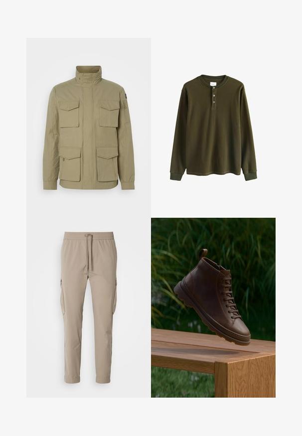 Beige jakke med høj krave, fire frontlommer, en lynlåslomme på ærmet og et let textured stof.; Langærmet olivengrøn waffle knit henley skjorte med ribbede manchetter og tre knapper ved kraven.; Beige cargo bukser med elastisk talje og snøre. Har sidelommer og en tapered ben design, lavet af letvægtsstof.; Brun læder højtopstøvle svævende over et træbord med grønne planter sløret i baggrunden.