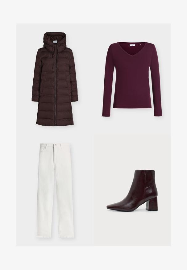 Long manteau matelassé marron foncé avec capuche, fermeture éclair sur le devant, poches latérales et cordon de serrage sur fond blanc.; Chemise à manches longues violet foncé avec un col en V et un ourlet droit, présentée sur un fond blanc uni. Aucun motif ou dessin visible.; Modström PRINCESSMD - Wide Leg - vanilla cream; Bottine en cuir marron foncé avec bout pointu et talon bloc sur un fond gris clair uni.