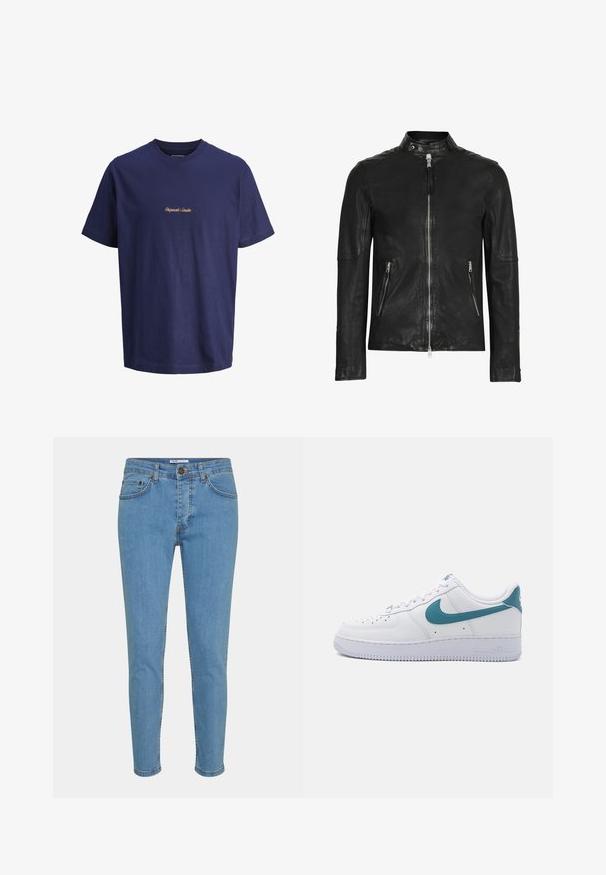 Musta nahkatakki, jossa on korkea kaulus, etuvetoketjukiinnitys ja kaksi vetoketjullista taskua, joissa on sileä pinta ja muotoiltu design.; Navy sininen puuvillapaita, jossa on pyöreä kaula-aukko ja lyhyet hihat; "Originals Studio" brodeerattu kontrastivärisellä ruskealla langalla rintaan.; Vaaleansiniset farkut, joissa on kapea istuvuus, keskikorkea vyötärö, viisi taskua ja näkyvät ompeleet saumoissa ja helmassa.; Nike Sportswear AIR FORCE 1 '07 LOW ESSENTIAL - Matalavartiset tennarit - white/smokey blue