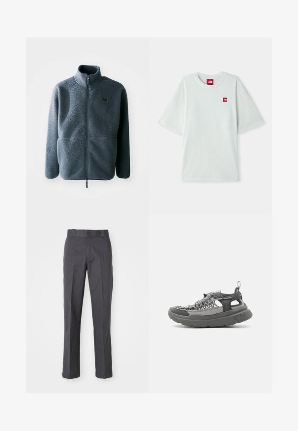 Chaqueta de forro polar gris con un cuello alto, cremallera frontal y dos bolsillos laterales. Presenta una tela texturizada y un pequeño logo en el pecho.; Camiseta de manga corta verde claro hecha de algodón suave, con una pequeña etiqueta de logo rojo en el área del pecho izquierdo. Corte relajado y escote redondo.; Pantalones oscuros de algodón con un diseño de pierna recta, bolsillos delanteros y un cierre de botón en la cintura.; Sandalia deportiva gris con parte superior tejida, suela gruesa acolchada, anilla en el talón y cordones ajustables para uso al aire libre y casual.