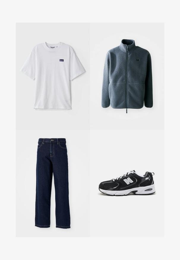 Chaqueta de forro polar gris con un cuello alto, cremallera frontal y dos bolsillos laterales. Presenta una tela texturizada y un pequeño logo en el pecho.; Camiseta de algodón blanca con cuello redondo, mangas cortas y un parche rectangular de logo azul marino en el área del pecho izquierdo.; Jeans de pierna ancha de color azul oscuro, hechos de denim, con corte recto, diseño de cinco bolsillos y costuras de acabado a lo largo del dobladillo.; Zapatillas deportivas en negro y gris con parte superior de malla y ante, que cuentan con una entresuela blanca, cordones y un llamativo logo "N" en el lateral.