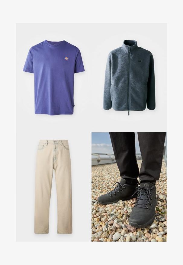 Veste en polaire grise avec un col montant, une fermeture éclair à l'avant et deux poches latérales. Présente un tissu texturé et un petit logo sur la poitrine.; T-shirt en coton violet avec un col rond et des manches courtes. Présente un petit logo sur la poitrine. Texture lisse, coupe décontractée.; Jean en denim beige clair avec une coupe droite, cinq poches et une fermeture par bouton. Présente un délavage subtil du tissu et un design classique.; Chaussures de randonnée noires en cuir texturé, avec des lacets robustes et un col de cheville rembourré, portées avec un pantalon sombre sur une surface de gravier.