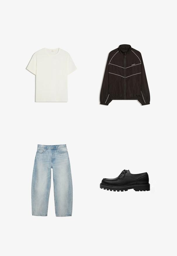 Veste coupe-vent noire avec fermeture éclair frontale, col haut et poignets élastiques. Présente des rayures diagonales blanches et un logo sur la poitrine.; T-shirt blanc uni à manches courtes et col rond, posé à plat, en tissu lisse avec une coupe décontractée et sans motifs ni logos visibles.; Jean en denim bleu clair à jambes larges avec poches avant, passants pour ceinture et fermeture par bouton.; Chaussure noire en cuir à lacets avec une semelle épaisse et robuste et des coutures détaillées sur la tige, conçue pour un usage formel ou décontracté.
