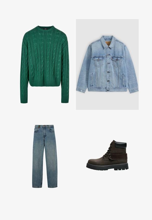 Veste en jean bleu clair avec boutons sur le devant, deux poches poitrine à rabats, poches latérales et petits détails de taches de peinture blanche.; Pull en tricot vert avec un col rond et des manches longues. Présente un design court et un motif texturé sur l'ensemble.; Jeans en denim bleu délavé avec une coupe droite, style à cinq poches et fermeture à bouton. Le matériau présente une légère texture et des signes d'usure.; Bottine à lacets marron foncé avec col rembourré noir, semelle épaisse en caoutchouc noir et détail de revers plié.