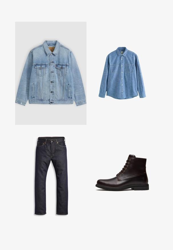 Lichtblauwe spijkerjas met knoopsluiting aan de voorkant, twee borstzakken met kleppen, zijzakken en kleine witte verfspatdetails.; Blauw chambray overhemd met lange mouwen, knoopsluiting aan de voorkant en twee borstzakken, plat gelegd op een witte achtergrond.; Donkerblauwe denim jeans met rechte snit, vijf zakken, metalen hardware en contrasterende oranje stiksels. Glad oppervlak, geen zichtbare patronen.; Donkerbruine leren veter enkellaars met rubberen zool en subtiel reliëflogo nabij de hak, getoond vanaf de buitenkant.