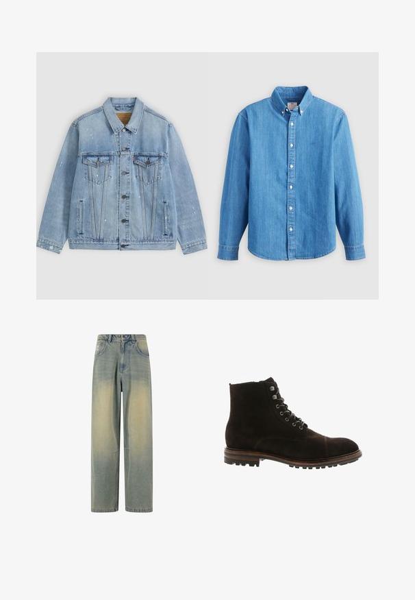 Lyseblå denimjakke med knapper foran, to brystlommer med klapper, sidelommer og små hvide malingstænk detaljer.; Lyseblå denimskjorte med lange ærmer, knap-ned krave og hvide knapper. Har et lille broderet logo på brystet.; Lyseblå denim wide-leg jeans med en falmet gradient, som har fem lommer og en klassisk talje med bæltestropper.; Blackstone Snørestøvletter - brown