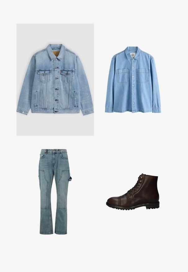 Hellblaue Jeansjacke mit Knopfleiste vorne, zwei Brusttaschen mit Klappen, Seitentaschen und kleinen weißen Farbspritzdetails.; Hellblaues Denimhemd mit langen Ärmeln, vorderer Knopfleiste und zwei Brusttaschen, auf weißem Hintergrund dargestellt.; Hellblaue Denim-Cargo-Hose mit geradem Bein, ausgestattet mit mehreren Taschen und einem Knopfverschluss an der Taille.; Dunkelbraune Leder Schnürstiefelette mit robustem Gummisohlen und Metallösen, von der Außenseite betrachtet.