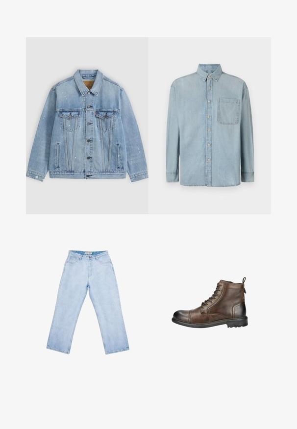 Lyseblå denimjakke med knapper foran, to brystlommer med klapper, sidelommer og små hvide malingstænk detaljer.; Lyseblå denimskjorte med lange ærmer, knaplukning foran og en enkelt brystlomme. Har en klassisk krave og standard manchetter.; Lyseblå jeans med høj talje og lige ben, forlommer, bæltestropper, knaplukning og en mærket inderlabel ved linningen.; Brune læder ankelstøvle med rund tå, snørebånd fortil og et hævet træk ved hælen. Har en robust sål med mønster for godt fodfæste.