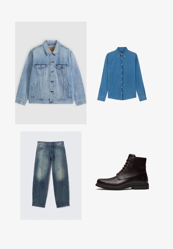 Lichtblauwe spijkerjas met knoopsluiting aan de voorkant, twee borstzakken met kleppen, zijzakken en kleine witte verfspatdetails.; Blauwe denim shirt met een button-down kraag, lange mouwen en knopen aan de voorkant. De stof heeft een gestructureerde afwerking met een klassieke snit.; Lichtblauwe denim jeans met een losse pasvorm, voorzien van vervaagde vlekken, voorzakken en diagonale naadtoevoegingen. Rechte pijp ontwerp.; Donkerbruine leren veter enkellaars met rubberen zool en subtiel reliëflogo nabij de hak, getoond vanaf de buitenkant.