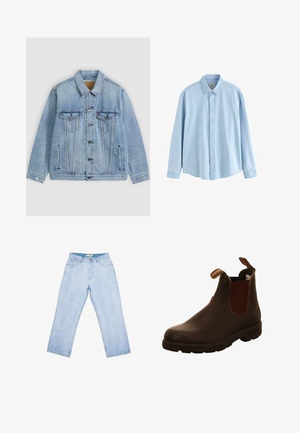 Lichtblauwe spijkerjas met knoopsluiting aan de voorkant, twee borstzakken met kleppen, zijzakken en kleine witte verfspatdetails.; Lichtblauw denim overhemd met lange mouwen, knopen en kraag, medium maat, weergegeven tegen een witte achtergrond.; Lichtblauwe high-waist jeans met rechte pijpen, voorzakken, riemlussen, knoopsluiting en een gebrand binnenlabel aan de tailleband.; Bruine leren enkellaars met elastische zijkanten, trekhaakjes en een gestructureerde rubberen zool. Gladde afwerking met contrasterende stikseldetails.