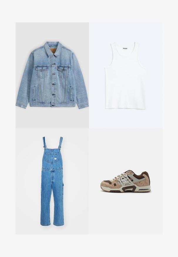 Lichtblauwe spijkerjas met knoopsluiting aan de voorkant, twee borstzakken met kleppen, zijzakken en kleine witte verfspatdetails.; Wit mouwloos hemdje met ronde hals en Weekday-merklabel aan de binnenkant van de achterkraag, plat weergegeven op een lichte achtergrond.; Denim salopette met verstelbare schouderbanden, wijde pijpen en een voorzak met een label. Lichtblauwe kleur met een gestructureerde afwerking.; Beige en bruine sportieve sneaker met gestructureerd patroon, witte veters, dikke zool en DC-logo op de zijkant en tussenzool.