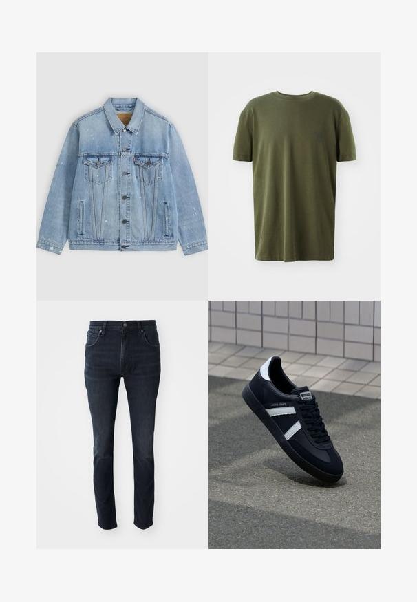 Veste en jean bleu clair avec boutons sur le devant, deux poches poitrine à rabats, poches latérales et petits détails de taches de peinture blanche.; T-shirt vert olive en coton, à manches courtes, col rond, avec un petit logo imprimé en bleu foncé sur la poitrine gauche.; Jeans en denim bleu foncé avec une coupe droite, un design à cinq poches et un léger effet décoloré sur les cuisses, dotés d'une fermeture à bouton en métal.; Sneaker en cuir noir avec des rayures blanches, semelle en caoutchouc texturée et devant à lacets. Présente une étiquette de marque sur la languette.