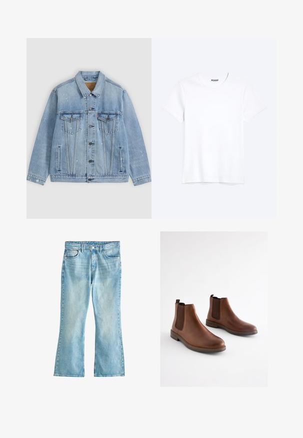 Hellblaue Jeansjacke mit Knopfleiste vorne, zwei Brusttaschen mit Klappen, Seitentaschen und kleinen weißen Farbspritzdetails.; Schlichtes weißes T-Shirt mit kurzen Ärmeln und Rundhalsausschnitt mit gut sichtbarem WEEKDAY-Label am Kragen, dargestellt auf hellem Hintergrund.; Hellblaue Denim-Jeans mit hoher Taille, Frontknopf, fünf Taschen und leicht ausgestellten Beinen auf weißem Hintergrund.; Braune Leder-Stiefeletten mit elastischen seitlichen Einsätzen, einer abgerundeten Spitze und einem gestapelten Absatz. Glatte Textur mit kontrastierenden braunen Akzenten.
