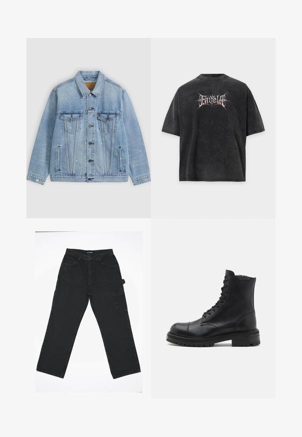 Lyseblå denimjakke med knapper foran, to brystlommer med klapper, sidelommer og små hvide malingstænk detaljer.; Sort oversized t-shirt med falmet tekstur og stiliseret hvid og rød tekst "Fadella" centreret foran.; Sorte denimbukser med lige ben-design, der har en frontknaplukning, baglommer og en sidelomme.; AllSaints HANK - Snørestøvletter - black