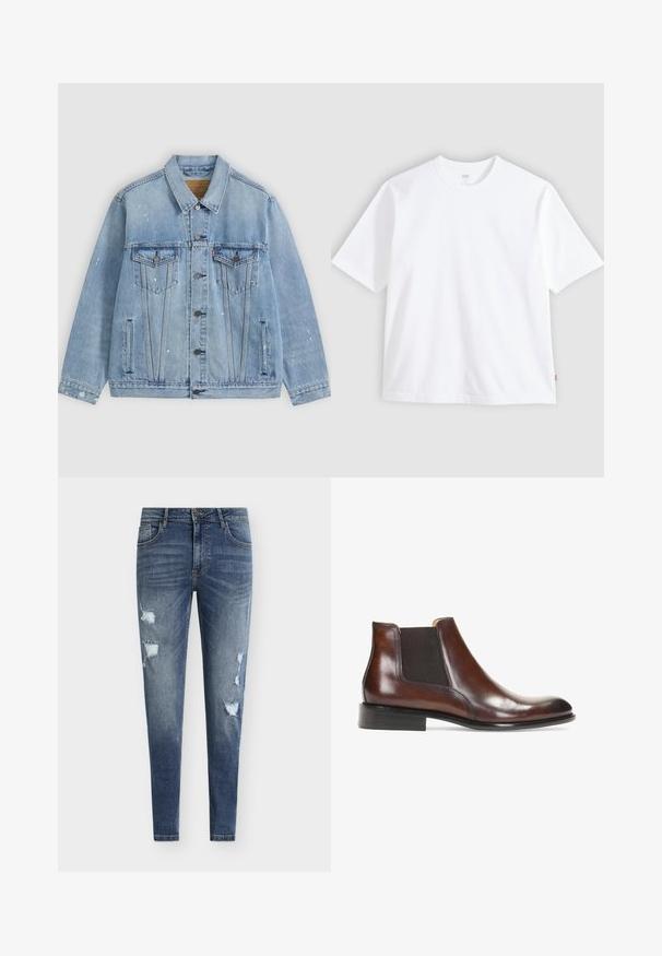 Veste en jean bleu clair avec boutons sur le devant, deux poches poitrine à rabats, poches latérales et petits détails de taches de peinture blanche.; T-shirt blanc à manches courtes en coton, doté d'un col rond et d'une coupe droite. Étiquette visible sur l'ourlet latéral inférieur.; Jean en denim bleu coupe skinny avec détails usés, multiples déchirures et effet délavé. Comprend une conception à cinq poches et des passants pour ceinture.; Bottine en cuir marron avec des panneaux latéraux élastiques, une finition lisse, des coutures décoratives et un talon rectangulaire bas.
