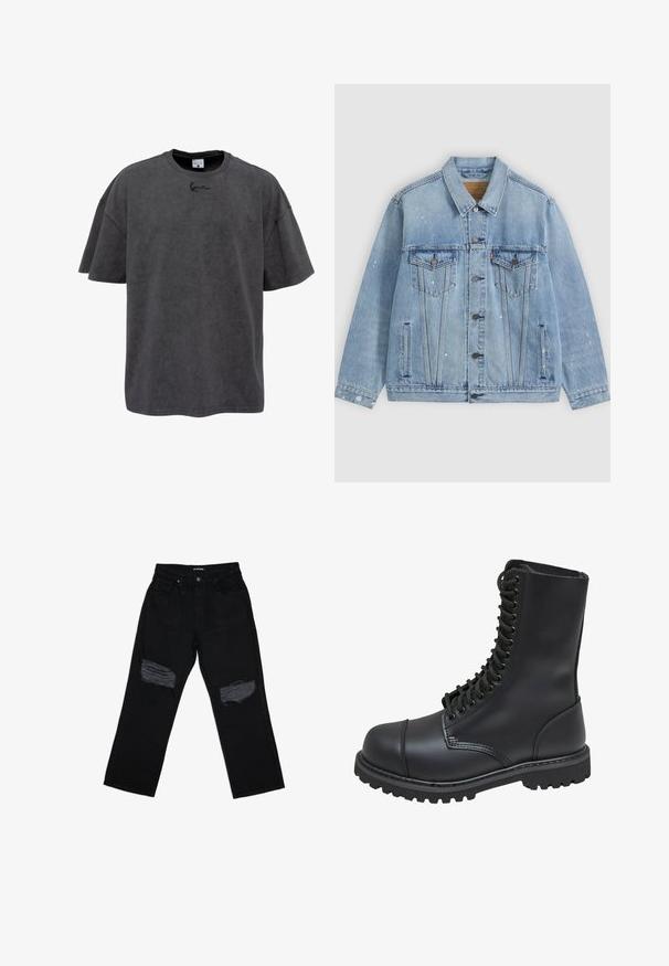 Lichtblauwe spijkerjas met knoopsluiting aan de voorkant, twee borstzakken met kleppen, zijzakken en kleine witte verfspatdetails.; Grijze oversized t-shirt van een katoenmix, met een ronde hals en korte mouwen. Het heeft een subtiele geborduurde logo op de borst.; Zwarte spijkerbroek met een losse pasvorm, met twee versleten plekken op de knieën. De stof heeft een gladde textuur en minimale vervaging.; Zwarte leren gevechtslaars met een hoge schacht, vetersluiting aan de voorkant, gewatteerde kraag en een stevige, gestructureerde zool voor grip. Bevat een versterkte neus.