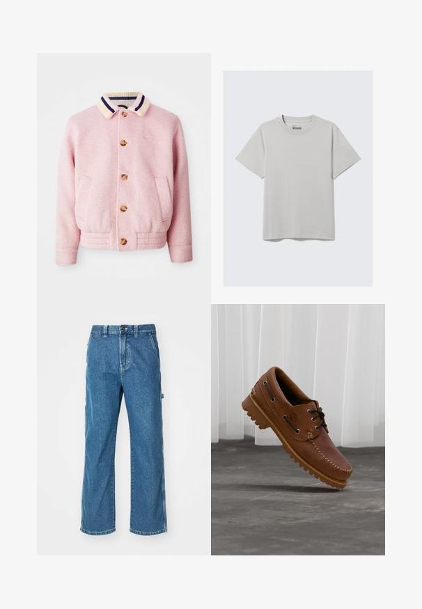 Chaqueta rosa con tejido texturizado, cierre frontal de botones y cuello acanalado con rayas en amarillo, púrpura y azul. Se observan dos bolsillos laterales.; Camiseta de algodón gris claro con cuello redondo y mangas cortas, que presenta un diseño minimalista y un corte relajado. Sin estampados ni acentos.; Pantalones cargo de mezclilla azul con un corte relajado, que cuentan con bolsillos laterales, cremallera en la bragueta y costuras de contraste en las costuras.; Zapato náutico de cuero marrón con cordones negros, costuras beige y una suela resistente, suspendido sobre un suelo de hormigón gris.