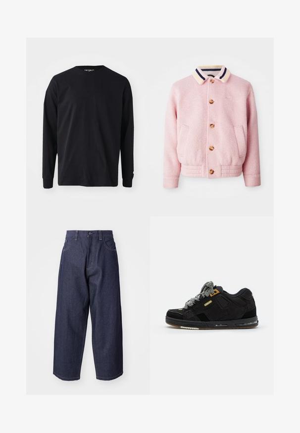 Chaqueta rosa con tejido texturizado, cierre frontal de botones y cuello acanalado con rayas en amarillo, púrpura y azul. Se observan dos bolsillos laterales.; Camiseta negra de manga larga hecha de algodón, con un escote redondo y corte recto, que presenta un pequeño detalle de logo en la manga.; Jeans de mezclilla azul oscuro con un diseño suelto y de pierna ancha. Las características incluyen un cierre de botón, bolsillos frontales y acentos de costura visibles.; Globe SABRE - Zapatillas - black