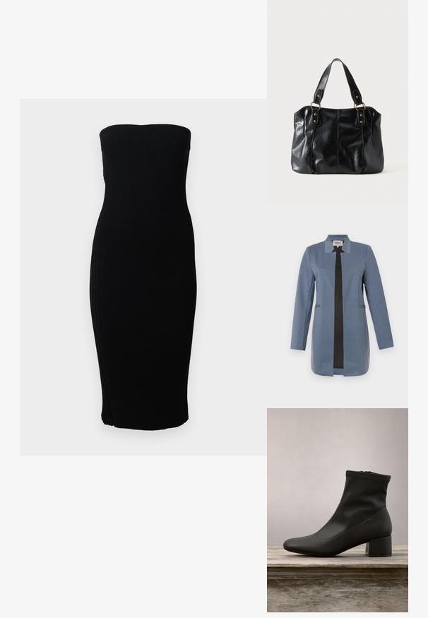 Blauwe blazer met zwarte bies, lange mouwen, rechte snit, twee voorzakken en een kraagloos ontwerp. Zachte, gestructureerde stof.; Zwarte strapless ribbed midi-jurk met een getailleerde silhouet, weergegeven tegen een eenvoudige witte achtergrond.; Zwarte enkellaars met een gladde, glanzende leren afwerking, een schuine blokhak en een aangesloten, elastische bovenzijde voor een gestroomlijnde uitstraling.; Zwarte leren schoudertas met dubbele bandjes bevestigd met gouden ringen en klinknagels, glad en licht glanzend oppervlak, eenvoudig ontwerp.