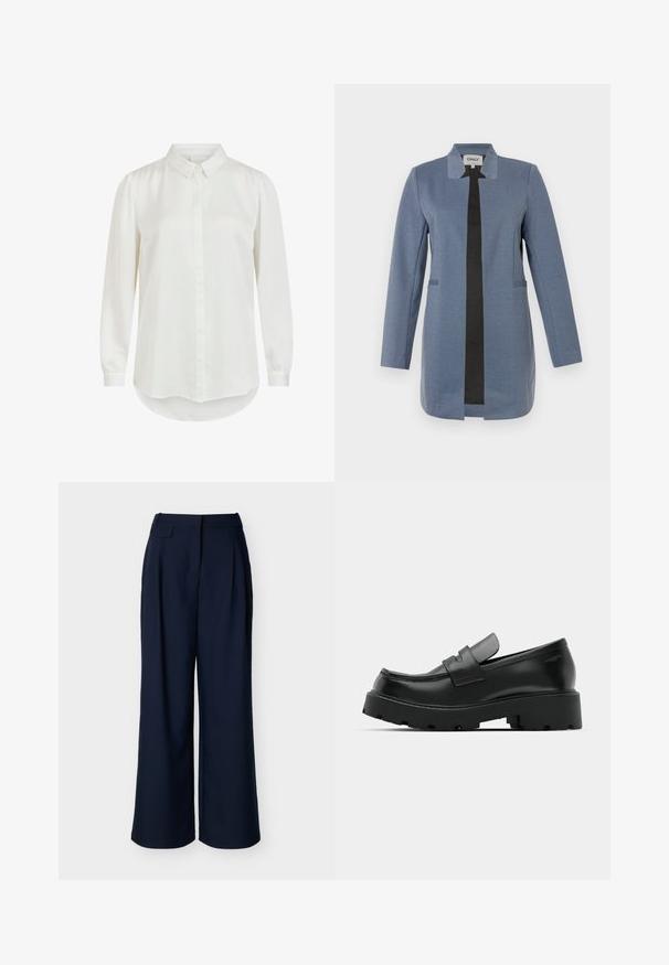 Blazer azul con ribetes negros, mangas largas, corte recto, dos bolsillos delanteros y diseño sin cuello. Tejido suave y texturizado.; Camisa blanca de manga larga con cuello clásico, que presenta una textura suave y cierre de botones. Dobladillo redondeado y mangas ligeramente abullonadas.; Pantalones anchos de pierna azul marino con cintura alta y pliegues frontales, exhibidos sobre un fondo blanco liso.; Mocasines de cuero negro con suela gruesa y texturizada, que presentan una correa sobre el empeine y un acabado suave y pulido.
