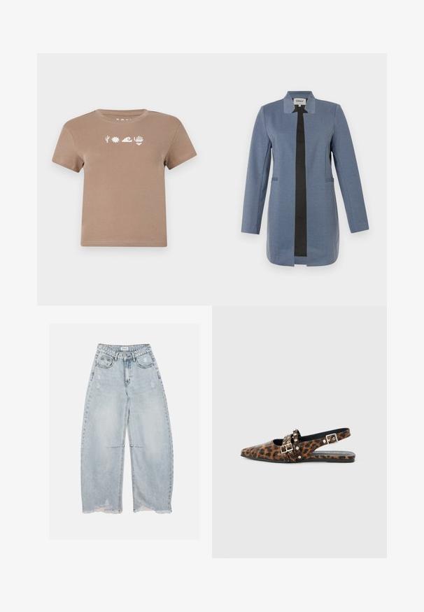 Blå blazer med sort kant, lange ærmer, lige snit, to forlommer og design uden krave. Blødt, tekstureret stof.; Brun bomulds-t-shirt med rund halsudskæring. Har hvide grafiske elementer: en kaktus, sol, bølger, hånd og hjerte. Korte ærmer.; Lyseblå viddebenede denimjeans med slidte detaljer og frynsede kanter, med frontlommer, bæltestropper og knaplukning.; Spids tå flad slingback-sko med leopardprint, to remme med spænder pyntet med små nitter og en tynd sort sål.