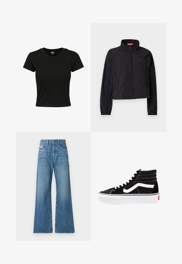 Zwart cropped jack van lichtgewicht materiaal met een opstaande kraag, ritssluiting aan de voorkant en twee zijzakken. Voorzien van een logodetail.; Zwarte kortekorte mouw t-shirt van gladde katoenen stof, met een ronde halslijn en een getailleerde pasvorm. Geen zichtbare patronen of accenten.; Wijde spijkerbroek in lichtblauw met versieringen op de voorkant van de zakken. Heeft een hoge taille en een gladde textuur.; Zwarte high-top sneakers met witte veters, een wit logo en contrasterende witte stiksels. Heeft een dikke witte zool en een bovenwerk van gestructureerd suede.