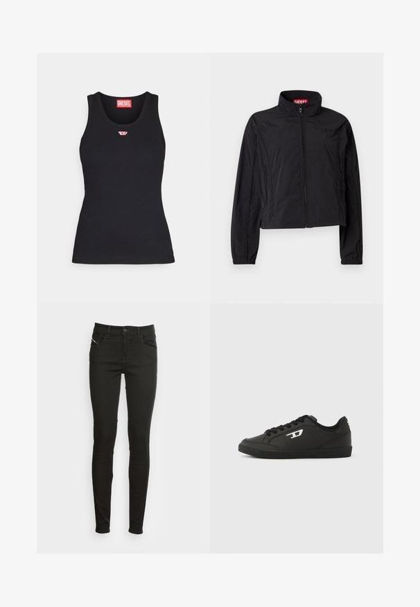 Schwarze, kurz geschnittene Jacke aus leichtem Material mit Stehkragen, vorderem Reißverschluss und zwei Seitentaschen. Mit einem Logodetail versehen.; Schwarzes Tanktop aus Baumwolle mit rundem Ausschnitt, das ein kleines rotes Logo auf der Brust und eine taillierte Passform aufweist.; Schwarze Slim-Fit-Jeans mit Fronttaschen, Gürtelschlaufen, Knopfschluss und Reißverschluss, vor einem weißen Hintergrund präsentiert.; Schwarze Sneaker aus glattem synthetischem Material mit niedrigem Schaft, rundem Zeh, Schnürverschluss vorne und dezentem Logodetail an der Seite.