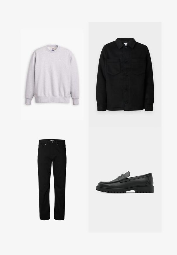 Sort knapjakke lavet af en uldblanding. Har krave, to brystlommer og en lige kant. Glat tekstur, klassisk design.; Grå sweatshirts med rund halsudskæring, lange ærmer, ribbede manchetter og kant. Har et lille "Levi's" logo i lysegul på forsiden.; Sorte jeans med lige ben, knap- og lynlåslukning, bæltestropper samt for- og baglommer, vist mod en ensfarvet hvid baggrund.; Sorte læder loafers med rund tå, der har et syet design, lav platformssål og en struktureret, skridsikker gummisål.