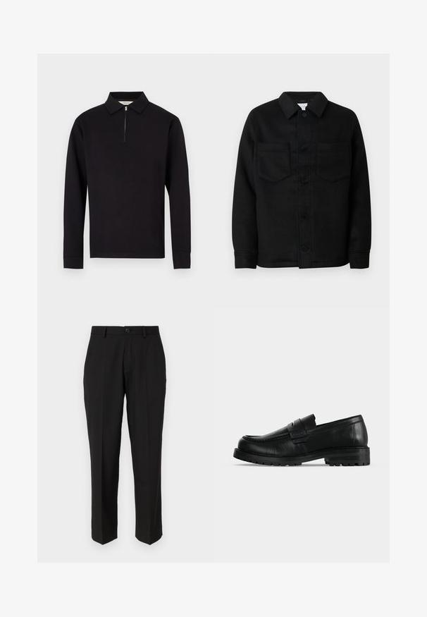 Veste noire à boutonnière en mélange de laine. Elle présente un col, deux poches poitrine et un ourlet droit. Texture lisse, design classique.; Polo noir à manches longues avec un col zippé, fabriqué en tissu lisse, avec un col classique et des poignets côtelés.; Pantalon noir en tissu lisse, présentant une coupe droite, des poches avant, un bouton simple de fermeture et sans motifs visibles.; Mocassin en cuir noir avec semelle épaisse et couture moc toe, vu de profil sur un fond uni clair.