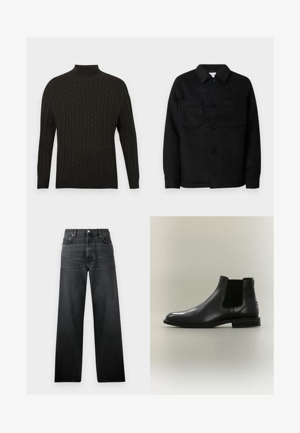 Chaqueta negra abotonada hecha de una mezcla de lana. Cuenta con cuello, dos bolsillos en el pecho y un dobladillo recto. Textura suave, diseño clásico.; Suéter negro de punto con cuello alto tipo tortuga, diseño de trenzas texturizadas, mangas largas y puños y dobladillo acanalados.; Jeans de mezclilla negros con un diseño de pierna recta, que cuentan con cinco bolsillos y un cierre de botón. La tela tiene un ligero brillo y una textura visible.; Botín Chelsea de cuero negro con panel lateral elástico y tacón bajo, mostrado desde el lado exterior sobre un fondo neutro.