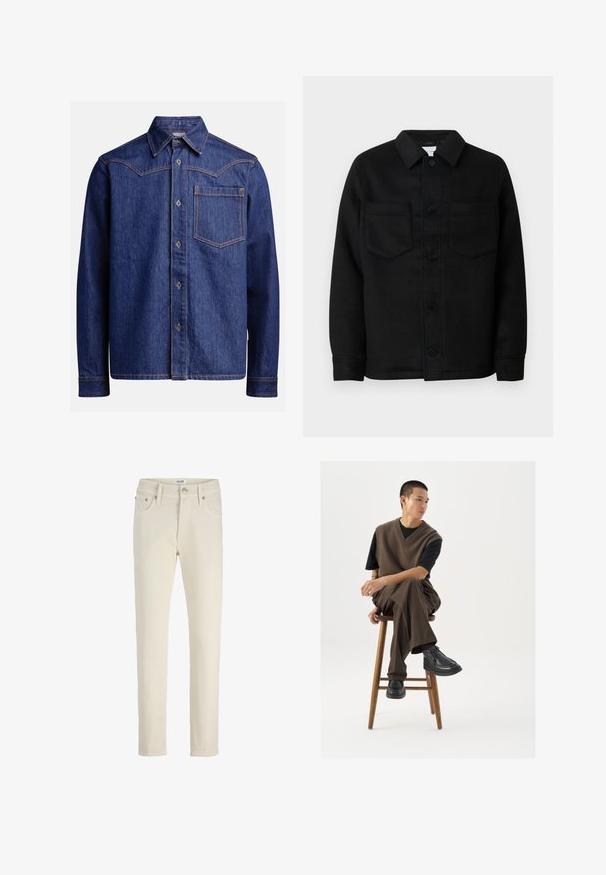 Zwarte blousejack van een wolmix. Voorzien van een kraag, twee borstzakken en een rechte zoom. Strakke textuur, klassiek ontwerp.; Donkerblauwe denim overhemd met lange mouwen, puntige kraag, knoopsluiting, borstzak en contrasterende oranje stiksel.; Beige denim broek met rechte pijpen, vijf zakken, metalen knoop en subtiele textuur. Eenvoudige en veelzijdige stijl.; Bruin gebreid vest over een zwart t-shirt, gecombineerd met bruine wijde broek en zwarte chunky schoenen, zittend op een houten kruk.