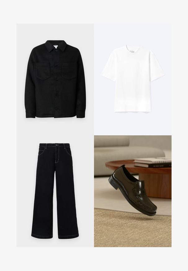 Veste noire à boutonnière en mélange de laine. Elle présente un col, deux poches poitrine et un ourlet droit. Texture lisse, design classique.; T-shirt blanc uni à manches courtes et col rond avec une coupe décontractée, présenté sur un fond clair.; Pantalons larges noirs en denim, dotés d'une fermeture à boutons, de cinq poches et de coutures blanches contrastantes le long des coutures.; Mocassin en cuir noir à enfiler flottant au-dessus d'un tapis beige tissé avec une table basse en bois et des livres en arrière-plan.