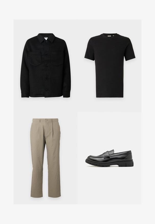 Veste noire à boutonnière en mélange de laine. Elle présente un col, deux poches poitrine et un ourlet droit. Texture lisse, design classique.; T-shirt noir à manches courtes et col rond avec une texture côtelée, présenté sur un fond gris clair neutre.; Pantalons beiges avec une surface texturée, présentant une coupe droite, des plis à l'avant et une fermeture à bouton unique à la taille.; Mocassin en cuir noir avec une large sangle sur le devant, semelle en caoutchouc à épaisse rainure, et texture lisse. Design classique et élégant.