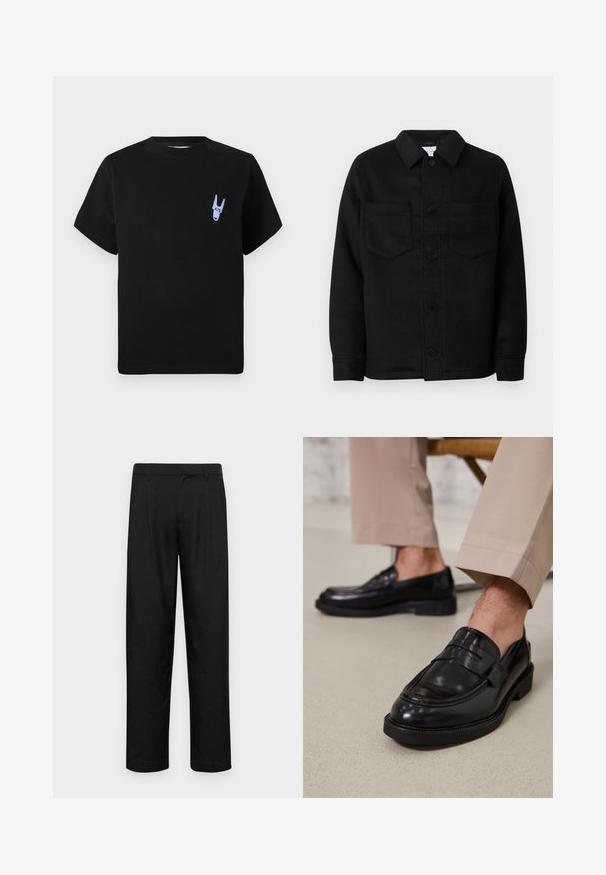Schwarze Jacke mit Knopfleiste aus Wollmischung. Verfügt über einen Kragen, zwei Brusttaschen und einen geraden Saum. Glatte Textur, klassisches Design.; Schwarzes Baumwoll-T-Shirt mit kurzen Ärmeln, das ein kleines lila grafisches Detail im linken Brustbereich zeigt. Einfaches, kastiges Design.; Schwarze Hose aus glattem Stoff, mit geradem Bein Design, zwei vorderen Falten und einem Standardbund mit Gürtelschlaufen.; Schwarze Lederloafers mit glatter Oberfläche, ausgestattet mit einem dekorativen Riemen und Kontrastnähten, kombiniert mit beigen Hosen.