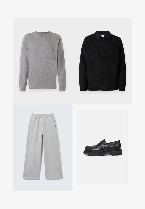 Veste noire à boutonnière en mélange de laine. Elle présente un col, deux poches poitrine et un ourlet droit. Texture lisse, design classique.; T-shirt à manches longues gris avec un col rond, doté d'une poche poitrine et de poignets côtelés. Fabriqué en coton souple et léger.; Pantalon de survêtement gris clair à jambes larges avec taille élastique et poches latérales, présenté sur un fond uni.; Mocassin en cuir noir avec semelle épaisse crantée et détail de bride penny, présenté en profil droit sur fond blanc.
