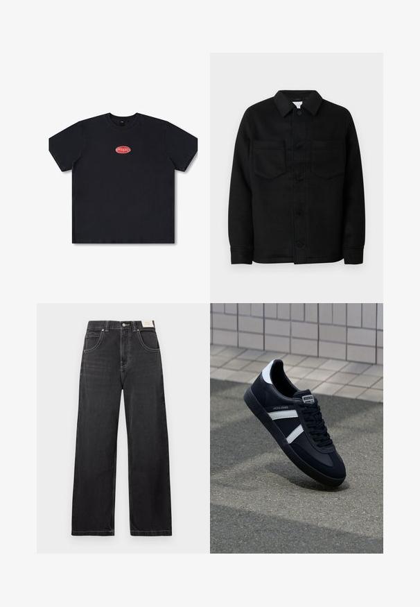 Schwarze Jacke mit Knopfleiste aus Wollmischung. Verfügt über einen Kragen, zwei Brusttaschen und einen geraden Saum. Glatte Textur, klassisches Design.; Schwarzes Baumwoll-T-Shirt mit entspannter Passform, kurzen Ärmeln und einem roten ovalen Drucklogo auf der Brust. Glatte Textur, gerader Saum.; Schwarze Jeans mit weitem Bein aus Denim, mit fünf Taschen, kontrastierenden weißen Nähten und einem Knopfverschluss in der Taille.; Schwarze Leder-Sneaker mit weißen Streifen, strukturiertem Gummisohle und Schnürung. Verfügt über ein Markenetikett auf der Zunge.