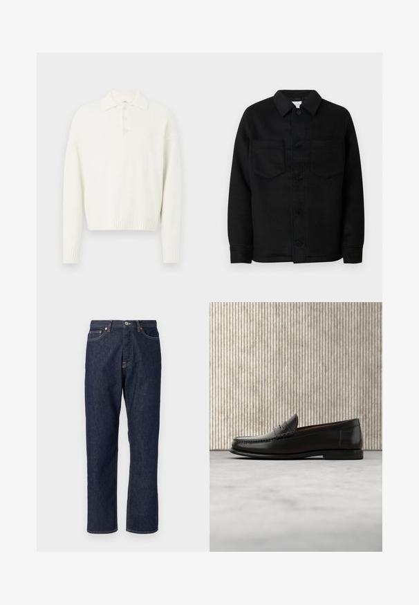 Sort knapjakke lavet af en uldblanding. Har krave, to brystlommer og en lige kant. Glat tekstur, klassisk design.; Hvid pullover sweater med krave, tre knapper foran og ribbede manchetter og kant. Blødt, struktureret stof med en afslappet pasform.; Mørkeblå denim jeans med lige ben-design. Har knappelukning og lynlås, fem lommer og kontraststikningsdetaljer.; Sort læder penny loafer med lav hæl, rundet tå og syningsdetaljer langs fronten og siderne, vist på neutral baggrund.