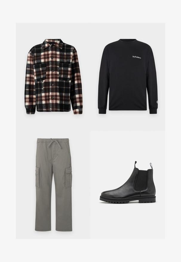 Flannel skjortejakke i sort, hvid og brun ternet mønster, med krave, knaplukning foran og to brystlommer. Blødt, struktureret stof.; Sort langærmet t-shirt lavet af bomuld. Har "No Problemo" tekst på brystet og et logo på ærmet. Rund halsudskæring og tætsiddende manchetter.; Grå cargo bukser med lige ben, elastisk talje, binding, sidelommer med klap og forlommer præsenteret på en hvid baggrund.; Sorte læder Chelsea støvler med elastiske sidepaneler, trækkemærker og en struktureret gummisål med et slidbane mønster.