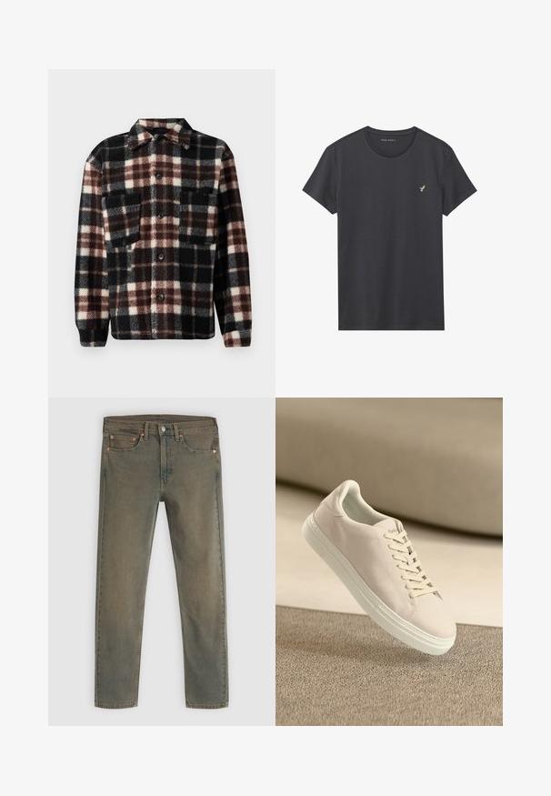 Flanellhemdjacke im schwarz-weiß-braunen Karomuster, mit Kragen, Knopfleiste und zwei Brusttaschen. Weicher, strukturierter Stoff.; Herren T-Shirt aus dunkelgrauer Baumwolle mit Rundhalsausschnitt. Verfügt über ein kleines, goldgesticktes Vogel-Logo auf der linken Brust. Kurze Ärmel, normale Passform.; Dunkelgrüne Denim-Jeans mit geradem Beinanschnitt, fünf Taschen und Kupferhardware-Akzenten. Die verblasste Textur verleiht ein abgenutztes Aussehen.; Beige Wildleder-Sneaker mit weißer Sohle und Schnürsenkeln, die über einem strukturierten beigen Teppich vor einem sanften beigen Hintergrund schwebt.