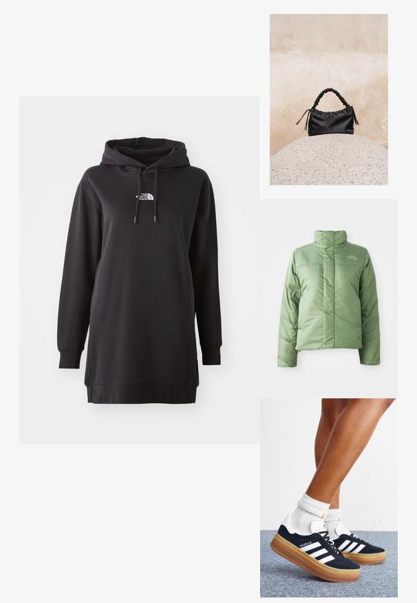 Lichtgroene pufferjack met een hoge kraag, ritssluiting en gestikte naden. Kenmerkt zich door een logo op de borst en een gladde, glanzende stofstructuur.; Zwarte hoodie jurk van zachte stof, met een kangoeroezak aan de voorkant, een verstelbare trekkoordcapuchon en een klein logo op de borst.; Ben met witte sokken en zwarte Adidas Gazelle sneakers met witte strepen en dikke bruine zolen op een grijs tapijt.; Zwarte gerimpelde handtas met een samengevoegde handvat, rustend op een gestructureerde stenen bol tegen een beige betonnen muur.
