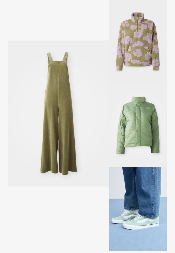 Hellgrüne Pufferjacke mit hohem Kragen, Reißverschluss und genähten Nähten. Mit Logo auf der Brust und glatter, glänzender Stoffoberfläche.; Olivgrüne Corduroy-Overalls mit weitem Bein, verstellbaren Trägern und einer strukturierten Oberfläche. Einfaches Design, keine sichtbaren Muster oder Beschläge.; Olivgrüner Fleece-Pullover mit Lavendel-Blumenmuster, Viertel-Reißverschluss-Kragen und vorderer Kängurutasche.; Person in hellgrünen und weißen Sneakers mit weißen Schnürsenkeln und blauen Jeans, der auf einem hellblauen Boden steht.