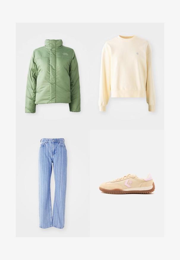 Veste doudoune verte claire avec un col haut, fermeture éclair et coutures cousues. Présente le logo sur la poitrine et une texture de tissu lisse et brillante.; Sweatshirt jaune clair avec des manches longues, un col rond, des poignets côtelés et un petit logo sur la poitrine. Fabriqué à partir d'un tissu doux et texturé.; Jean en denim bleu clair avec des rayures blanches verticales, taille haute, coupe ample, cinq poches et fermeture à bouton.; Baskets beige avec logo étoile rose clair, détail rose au talon et semelle rainurée marron, vues de côté sur fond blanc.