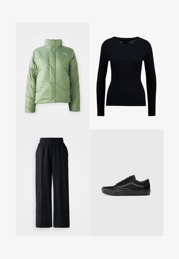 Chaqueta de abrigo de color verde claro con cuello alto, cierre de cremallera y costuras cosidas. Presenta un logo en el pecho y una textura de tela suave y brillante.; Suéter negro de manga larga con costillas, de cuello redondo y silueta ajustada. La textura es suave con un ligero estiramiento en todo el tejido.; Pantalones de pierna ancha negros con cinturilla elástica, fabricados en tejido suave, que presentan una textura lisa y líneas de diseño limpias.; Zapatilla negra con parte superior de ante y lona, puntera redonda, cordones negros, acentos de costura blanca y suela de goma.