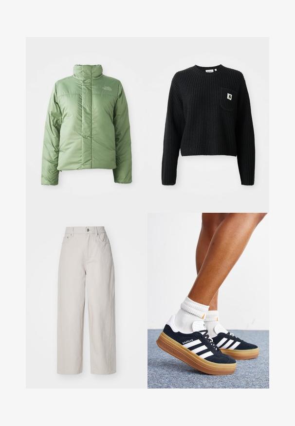 Kergelt roheline puffer-jakk kõrge kraega, lukuga kinnituse ja õmblustega. Omab logo rinna peal ja sileda, läikiva kangastruktuuri.; Musthave mustriba kootud sviiter, millel on ümmargune kaelus, pikad varrukad ja eesmine tasku, millel on väike logoäpp. Lühendatud pikkus.; Beez värvi laiad puuvillased püksid kõrge vöökoht, nupuga ja tõmblukuga kinnitamine ning neli taskut; sile tekstuur denimpinnaga.; Jalad valgete sokkide ja mustade Adidas Gazelle tossudega, millel on valged triibud ja paksud pruunid tallad, halli vaibaga põrandal.
