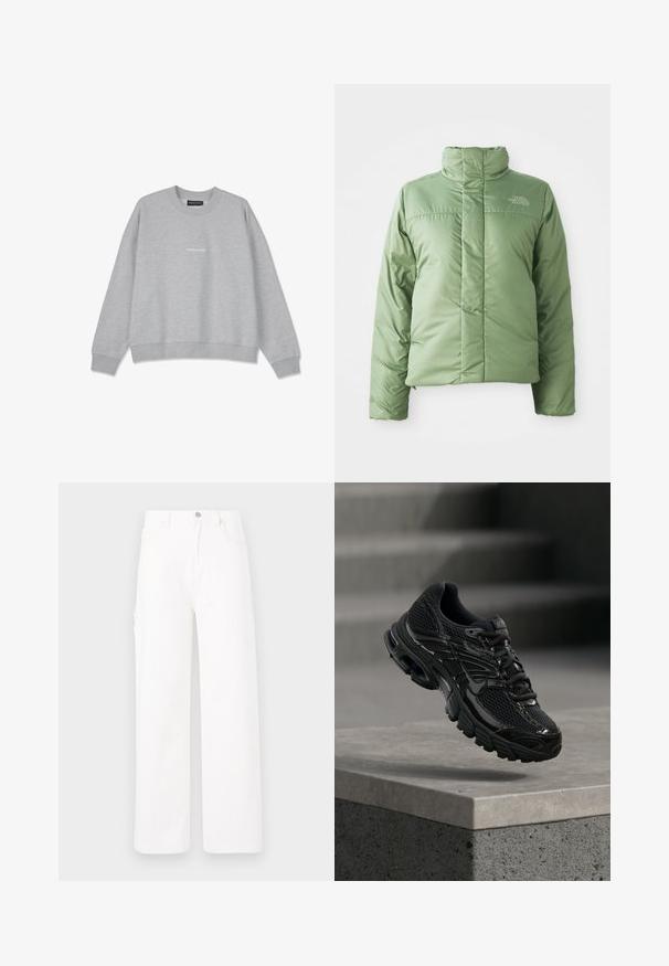Veste doudoune verte claire avec un col haut, fermeture éclair et coutures cousues. Présente le logo sur la poitrine et une texture de tissu lisse et brillante.; Sweatshirt gris clair en mélange de coton. Il présente un col rond et des épaules tombantes. L'avant arbore un petit texte blanc "PEGA.DOR".; Pantalons en denim blanc avec un design à jambes larges, style classique à cinq poches et surface unie sans motifs ni embellissements.; Chaussure de course noire Nike avec tige en mesh et synthétique flottant au-dessus d'une surface en béton avec des marches en arrière-plan.