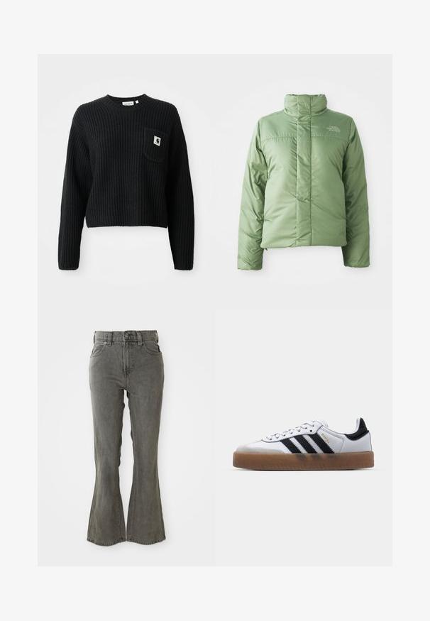 Veste doudoune verte claire avec un col haut, fermeture éclair et coutures cousues. Présente le logo sur la poitrine et une texture de tissu lisse et brillante.; Pull en maille côtelée noir avec un col rond, des manches longues et une poche avant arborant un petit patch logo. Longueur cropped.; Jean en denim gris évasés avec une taille haute, des passants de ceinture, cinq poches et une finition en tissu doux et texturé.; Baskets en cuir blanc avec des rayures noires, semelle extérieure en caoutchouc beige, bout rond, fermeture lacée et embout en suède gris doux.