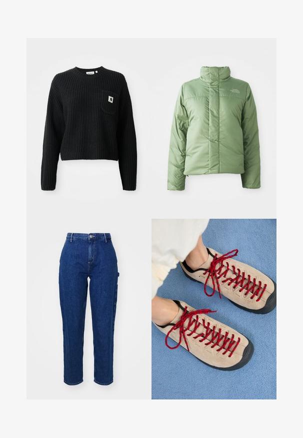 Veste doudoune verte claire avec un col haut, fermeture éclair et coutures cousues. Présente le logo sur la poitrine et une texture de tissu lisse et brillante.; Pull en maille côtelée noir avec un col rond, des manches longues et une poche avant arborant un petit patch logo. Longueur cropped.; Jeans en denim bleu foncé avec une taille haute, coupe droite, fermeture à bouton à l'avant et poches latérales. Texture lisse avec une légère élasticité.; Des chaussures beiges avec des lacets rouges, posées sur une surface bleue texturée, révèlent partiellement la cheville d'une personne. Les chaussures ont un design sportif.