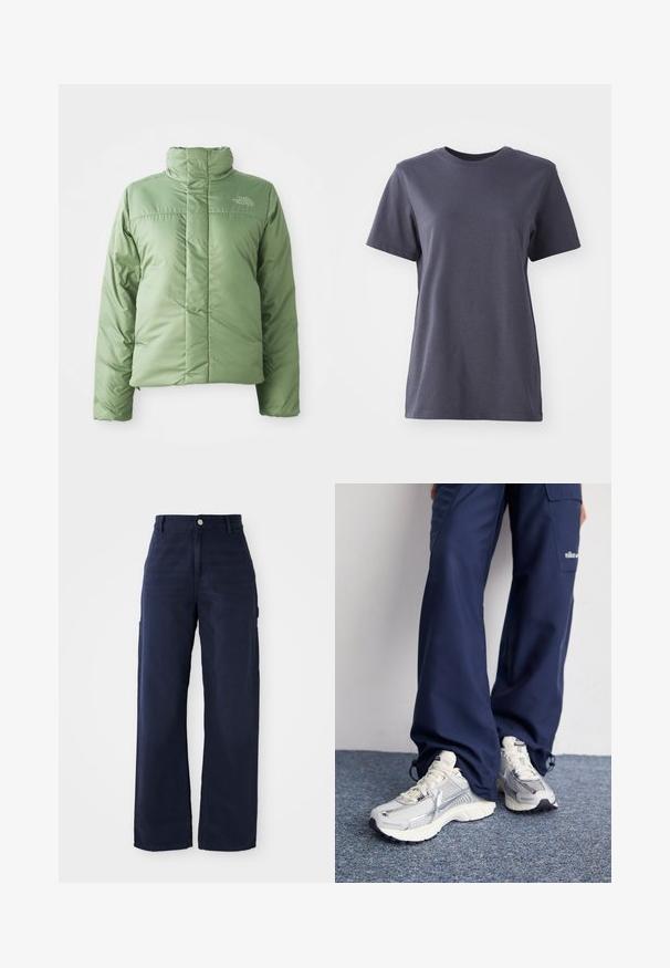 Veste doudoune verte claire avec un col haut, fermeture éclair et coutures cousues. Présente le logo sur la poitrine et une texture de tissu lisse et brillante.; T-shirt à manches courtes en coton gris foncé, design col rond, texture lisse, ourlet droit, sans motifs ni détails matériels visibles.; Un pantalon cargo large en bleu marine fabriqué dans un tissu en coton résistant, avec des poches latérales et une fermeture à bouton à la taille.; Baskets de sport Nike avec une tige en maille argentée, des accents blancs et des semelles texturées, associées à un pantalon marine ample.