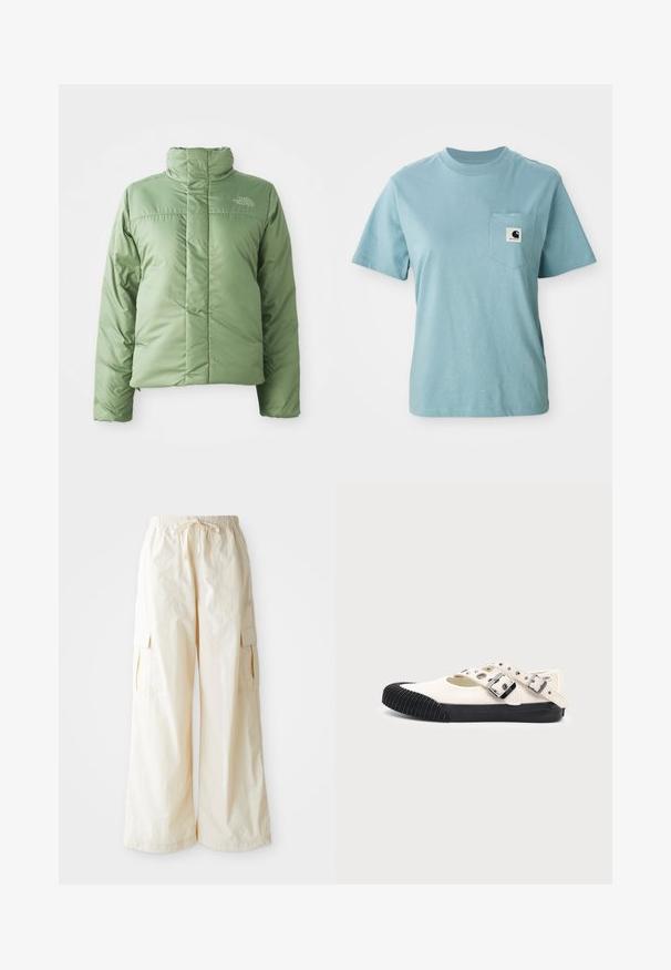 Veste doudoune verte claire avec un col haut, fermeture éclair et coutures cousues. Présente le logo sur la poitrine et une texture de tissu lisse et brillante.; T-shirt en coton léger bleu clair à manches courtes avec poche poitrine affichant un petit patch logo Carhartt noir et blanc.; Pantalons cargo à jambes larges en tissu beige clair avec une taille élastique, un cordon de serrage et des poches latérales. Texture douce avec un minimum de détails.; Chaussure plate en toile blanche avec embout et semelle en caoutchouc noir, avec deux brides réglables à boucle sur le dessus.