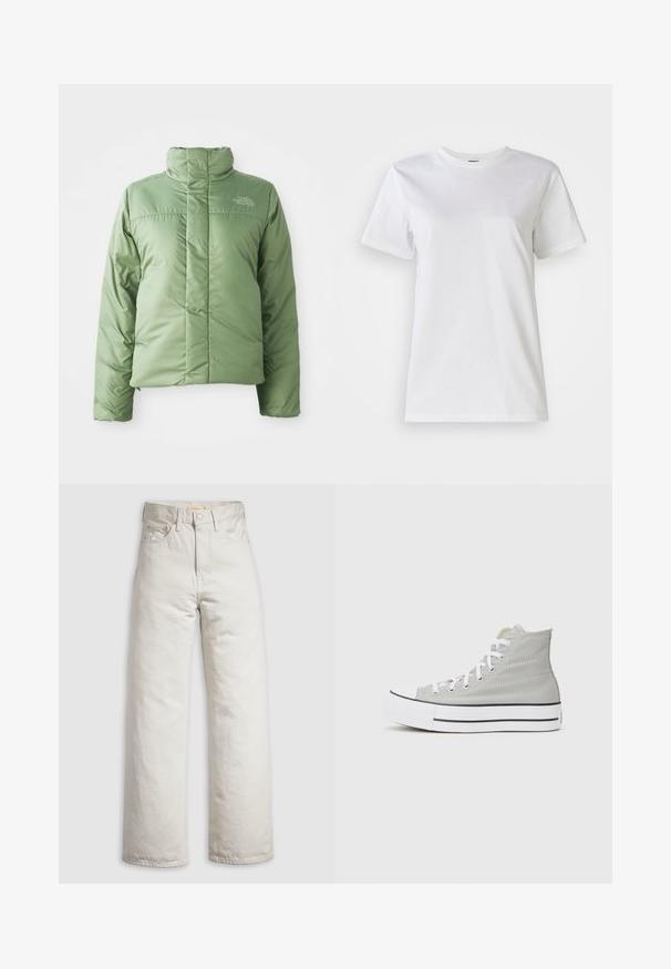 Chaqueta de abrigo de color verde claro con cuello alto, cierre de cremallera y costuras cosidas. Presenta un logo en el pecho y una textura de tela suave y brillante.; Camiseta blanca de algodón con cuello redondo y mangas cortas. La tela es suave con una textura agradable y sin patrones ni acentos visibles.; Vaqueros rectos de tiro alto color blanco roto con cierre frontal de botones y cremallera, y diseño de cinco bolsillos sobre un fondo blanco liso.; Zapatillas altas de lona gris claro, con cordones blancos, suela de goma blanca y una franja negra a lo largo de la base.